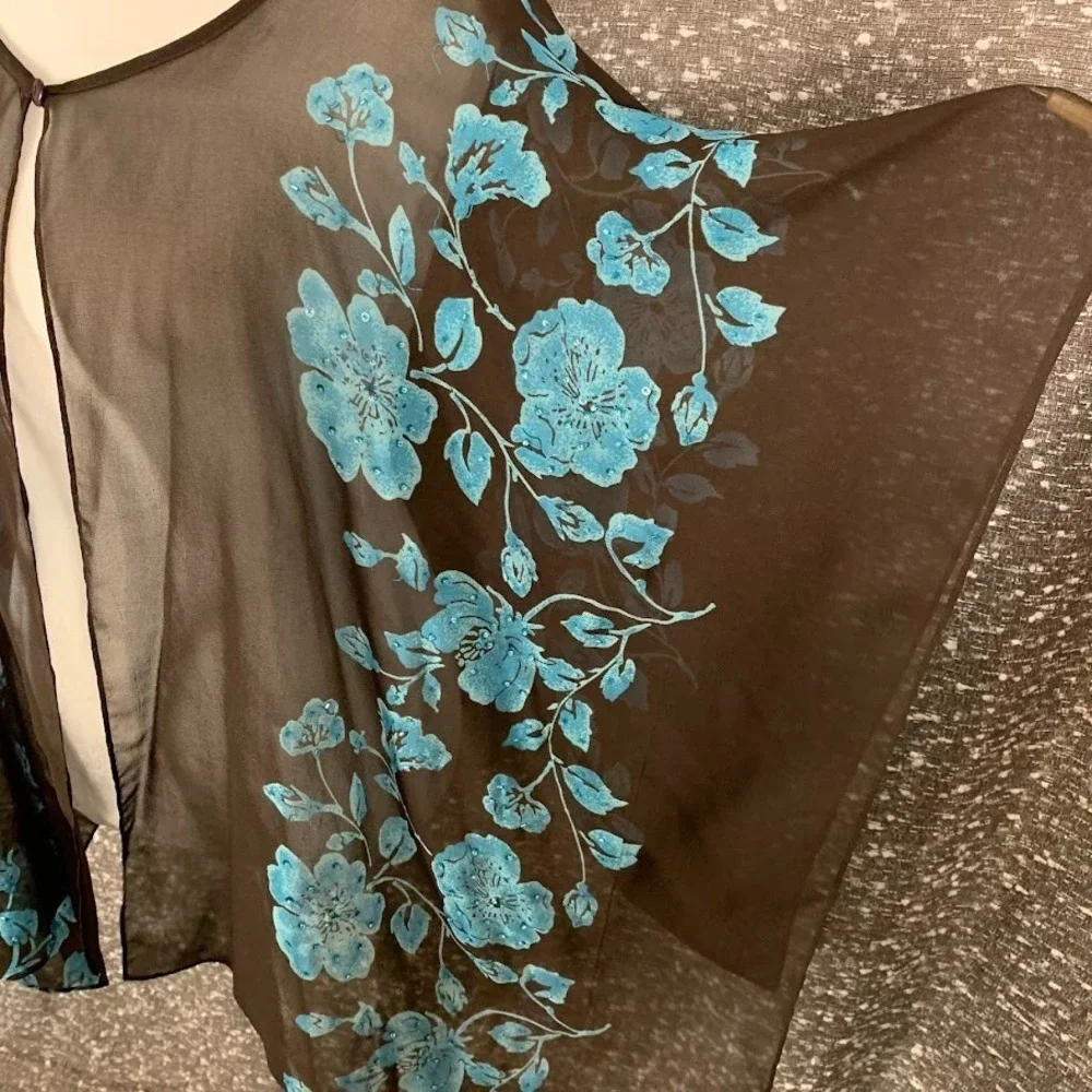 Vintage Eva Blue Plus Floral Sheer Kimono Top Blue/Brown Y2K Women's 22W